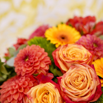 Zoom sur un bouquet de fleurs rond dans les tons rouges et oranges avec des touches de vert.