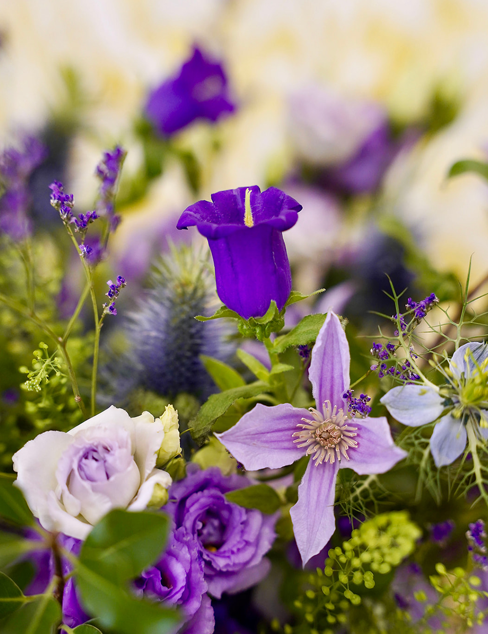 Zoom sur un bouquet de fleurs au style champêtre et élégant dans les tons violets avec des touches de vert.