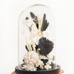 Composition de fleurs séchées sous cloche aux tons noirs décoration automne